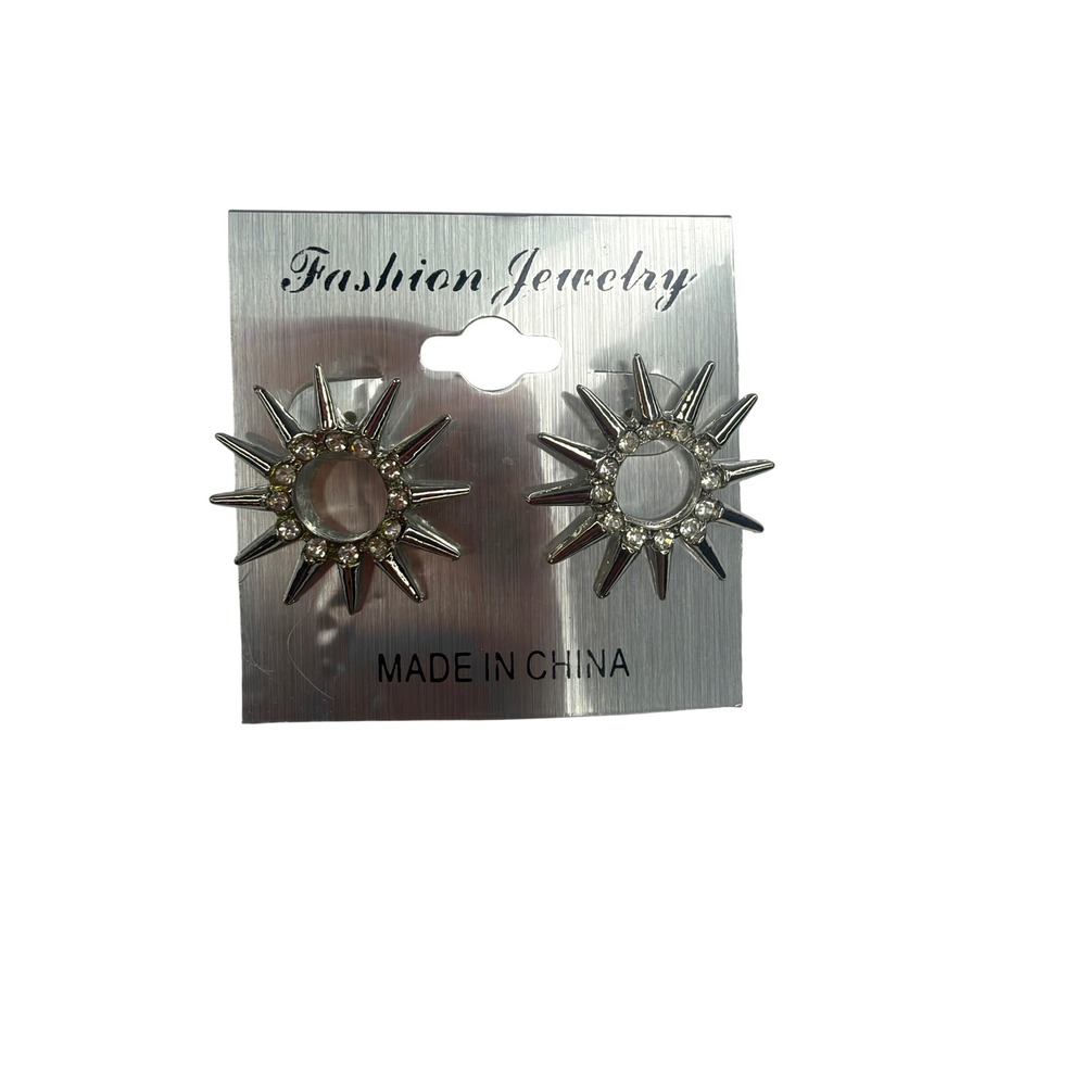 Silver Sunburst Spike Stud Earrings Rhinestone Celestial Edgy Punk Y2K Retro